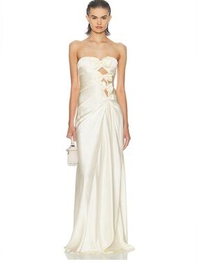 HELSA The Silk Faye Dress Egg Shell Strapless Ivory Satin bow Gown Revolve S